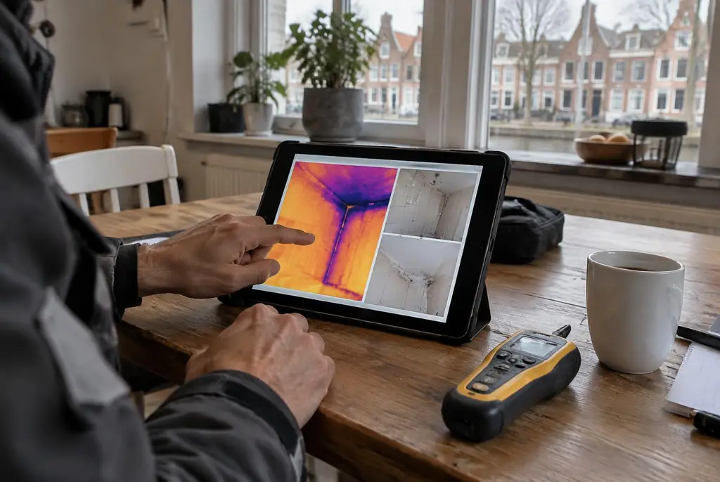 Lekdetectie Maassluis – lekdetectierapport met warmtebeelden en foto's op een tablet