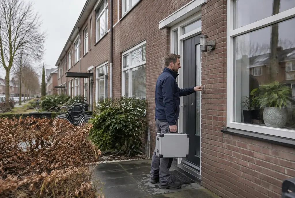 Lekdetectiespecialist met meetkoffer bij de voordeur van een woning in Maassluis